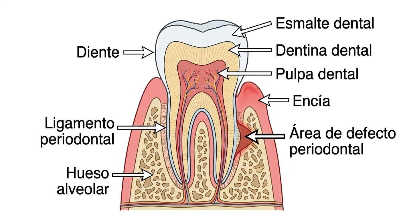 Corte transversal que muestra el área de defecto periodontal y los tejidos que sostienen el diente
