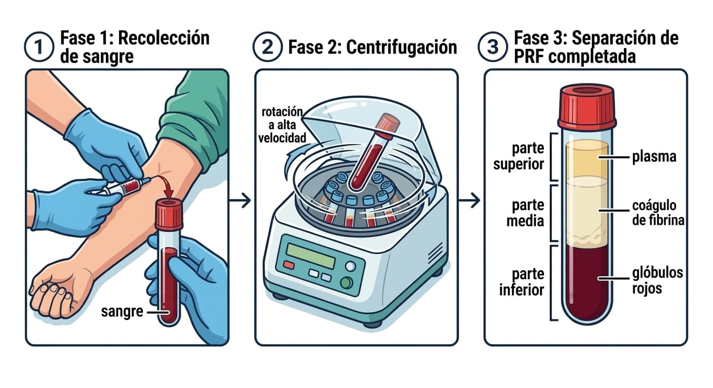 Las tres fases para elaborar PRF en la consulta dental, desde la extracción de sangre hasta la centrifugación