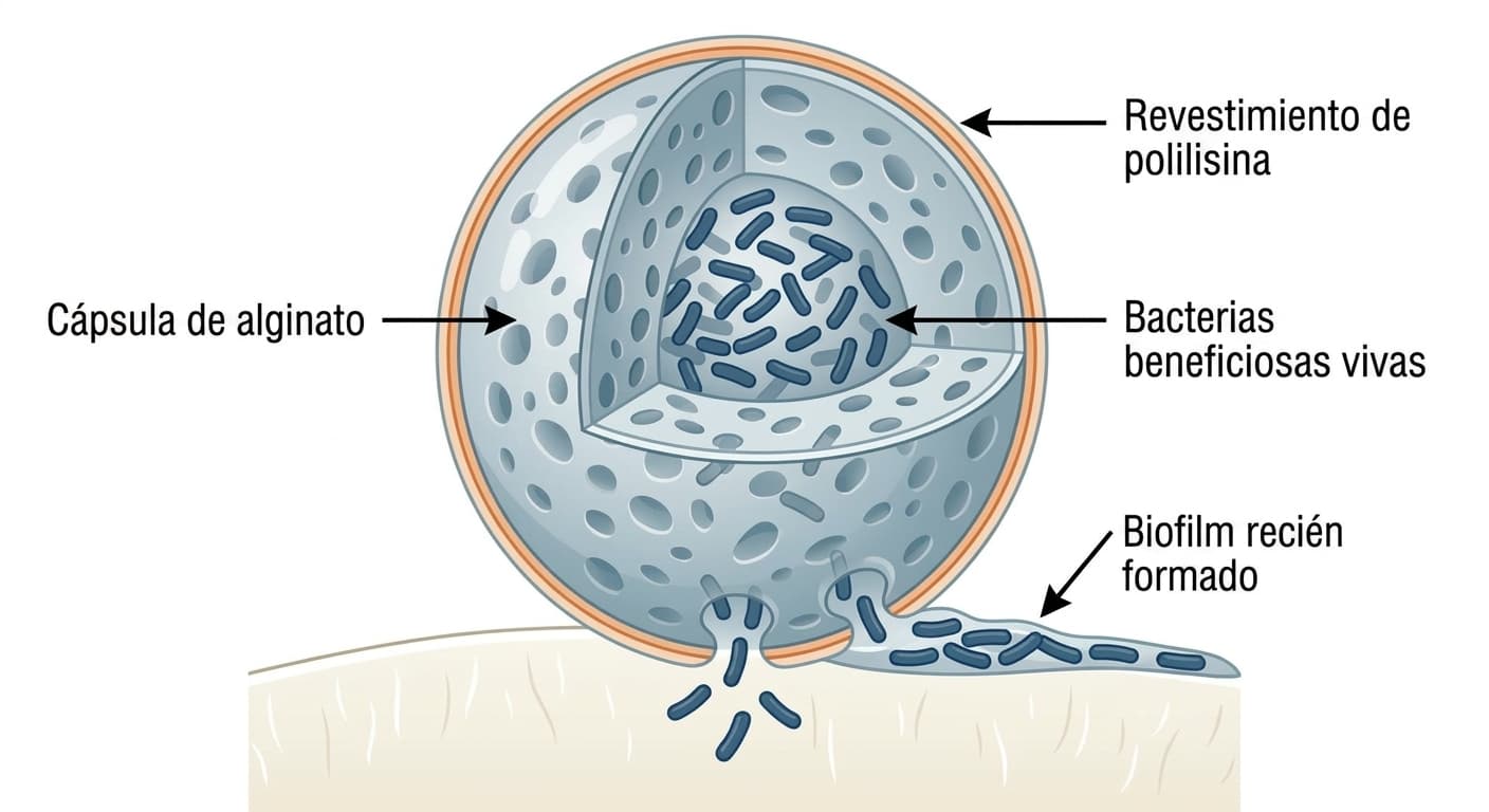 Vista en sección de una cápsula de alginato. Dentro de la cápsula, recubierta de polilisina, hay bacterias beneficiosas vivas, y el proceso muestra cómo las bacterias liberadas de la cápsula forman una nueva biopelícula en la superficie.