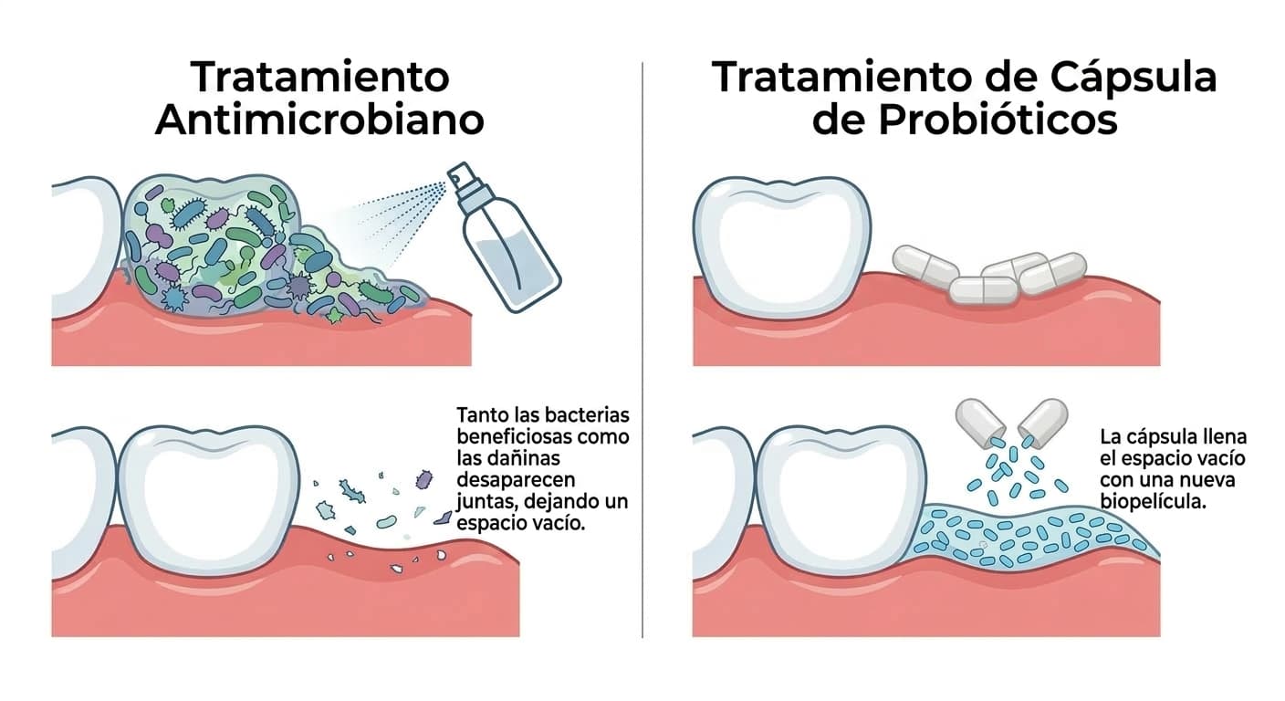 Ilustración que compara, a la izquierda y a la derecha, el tratamiento antimicrobiano y el tratamiento con cápsulas de bacterias beneficiosas. El antimicrobiano elimina las bacterias y deja un espacio vacío, mientras que la cápsula rellena ese espacio con una nueva biopelícula.