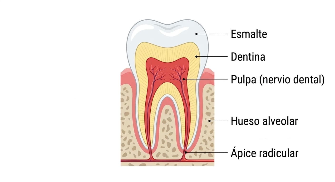 Corte transversal del diente. De afuera hacia adentro se muestran las estructuras: esmalte, dentina, pulpa (nervio dental), ápice radicular y hueso alveolar