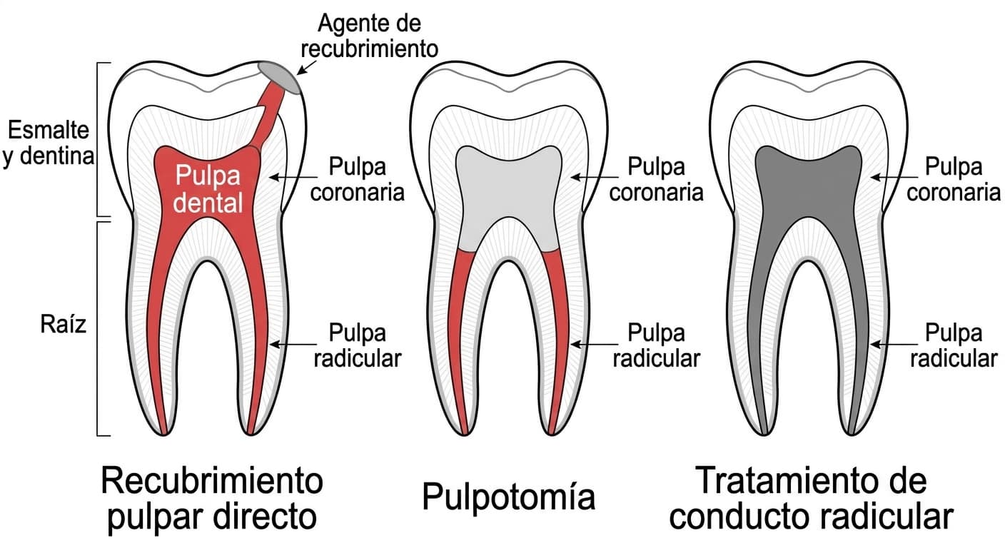 Corte transversal del diente que compara el alcance de pulpa que se conserva o elimina en el recubrimiento pulpar directo, la pulpotomía y el tratamiento de conducto radicular
