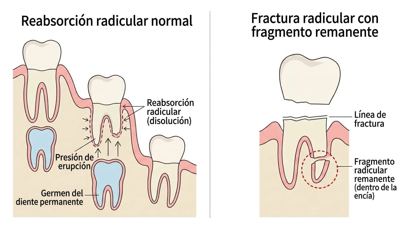 Ilustración que compara un diente de leche cuya raíz se disuelve de forma normal con un caso en que queda un fragmento de raíz dentro de la encía a lo largo de la línea de fractura
