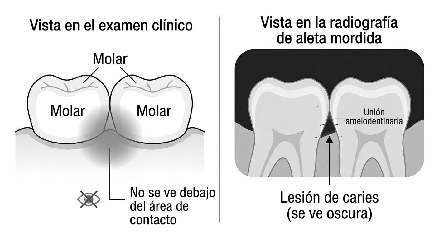 Ilustración comparativa que muestra cómo el área bajo el punto de contacto entre los dientes queda oculta en el examen clínico, mientras que en la radiografía de aleta mordida aparece como una lesión de caries oscura en la unión amelodentinaria