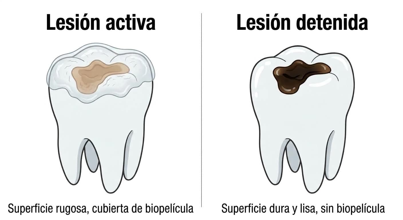 Comparación entre una lesión activa y una lesión detenida en la superficie masticatoria. La lesión activa muestra una superficie rugosa cubierta de biopelícula, mientras que la lesión detenida presenta una superficie dura, lisa y de color oscuro.