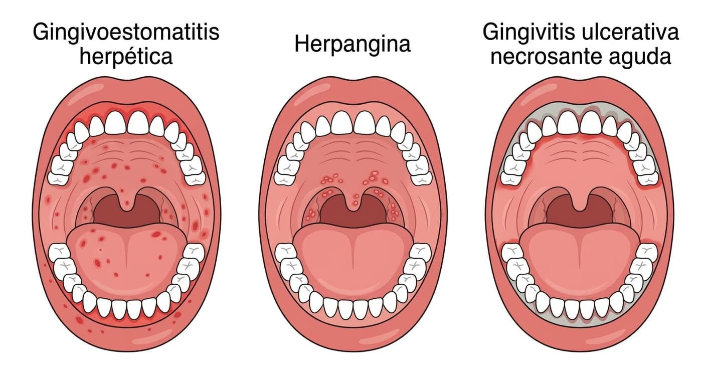 Ilustración del interior de la boca que compara las diferentes zonas donde aparecen las lesiones en la gingivoestomatitis herpética, la herpangina y la gingivitis ulcerativa necrosante aguda