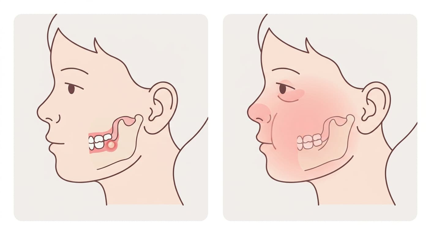 Ilustración de perfil que compara, lado a lado, una hinchazón roja limitada a la encía junto al diente y una hinchazón roja mucho más extendida que llega hasta la mejilla y el área alrededor del ojo