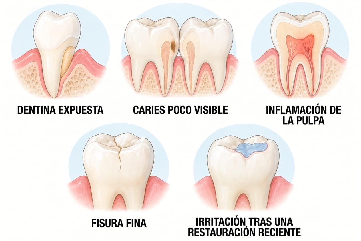 Ilustración que compara la dentina expuesta, una caries poco visible, la inflamación de la pulpa, una fisura fina y la irritación tras una restauración reciente