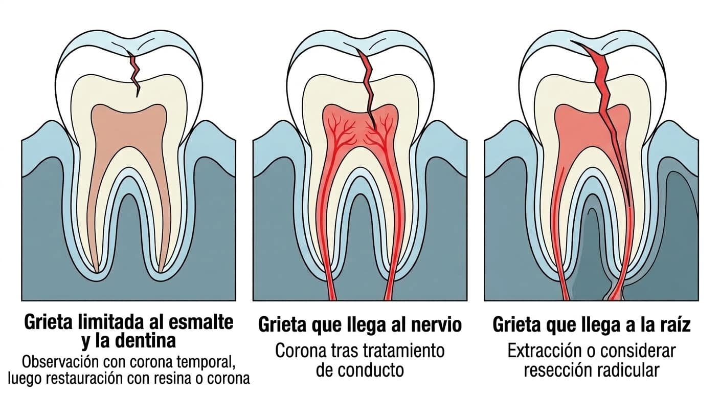 Comparación de cortes transversales del diente que muestra cómo cambia el tratamiento según si la grieta se limita al esmalte y la dentina, llega al nervio o llega a la raíz
