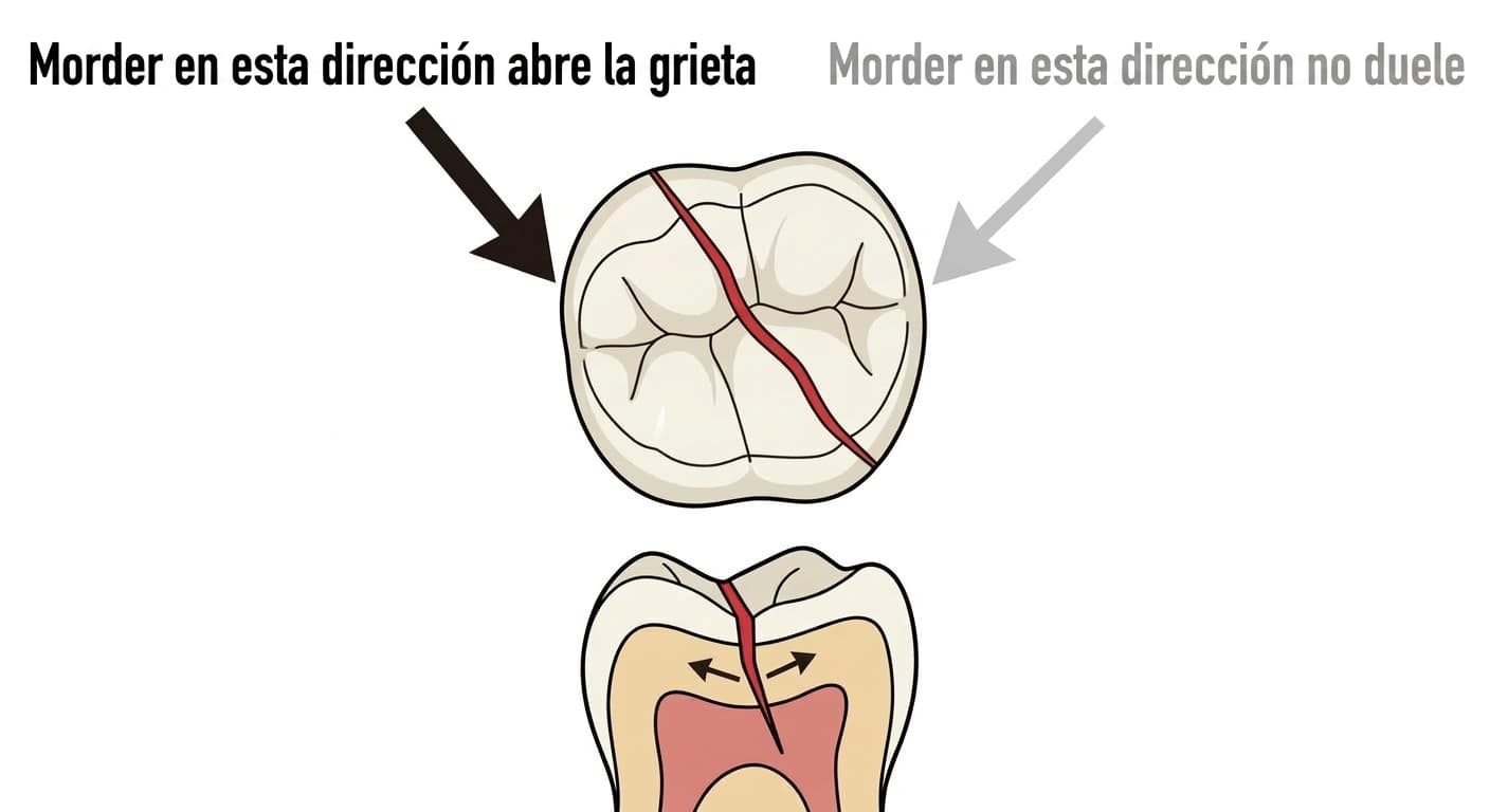 Ilustración que muestra la línea de la grieta en la superficie masticatoria de un molar, por qué el dolor aparece o no según la dirección de la mordida, y cómo se abre la grieta en el corte transversal