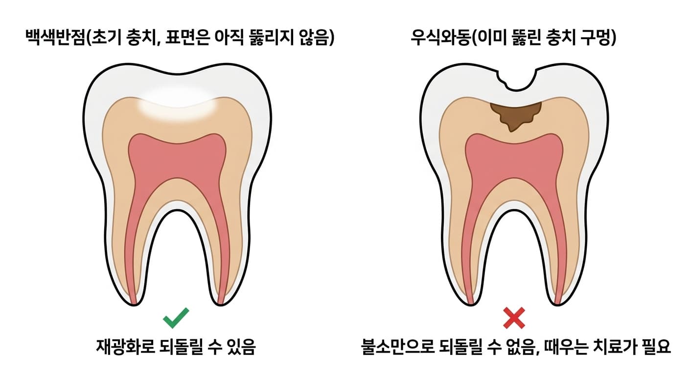 Ilustración de un corte transversal de un molar que compara lado a lado la mancha blanca, la caries incipiente, con la cavidad cariosa, el orificio de caries ya formado. A la izquierda, la mancha blanca tiene la superficie externa lisa y continua, con una marca de verificación verde que indica que se puede revertir con remineralización; a la derecha, la cavidad cariosa tiene la superficie hundida y dañada de color marrón hasta la dentina, con una marca de X roja que indica que no se puede revertir solo con flúor.