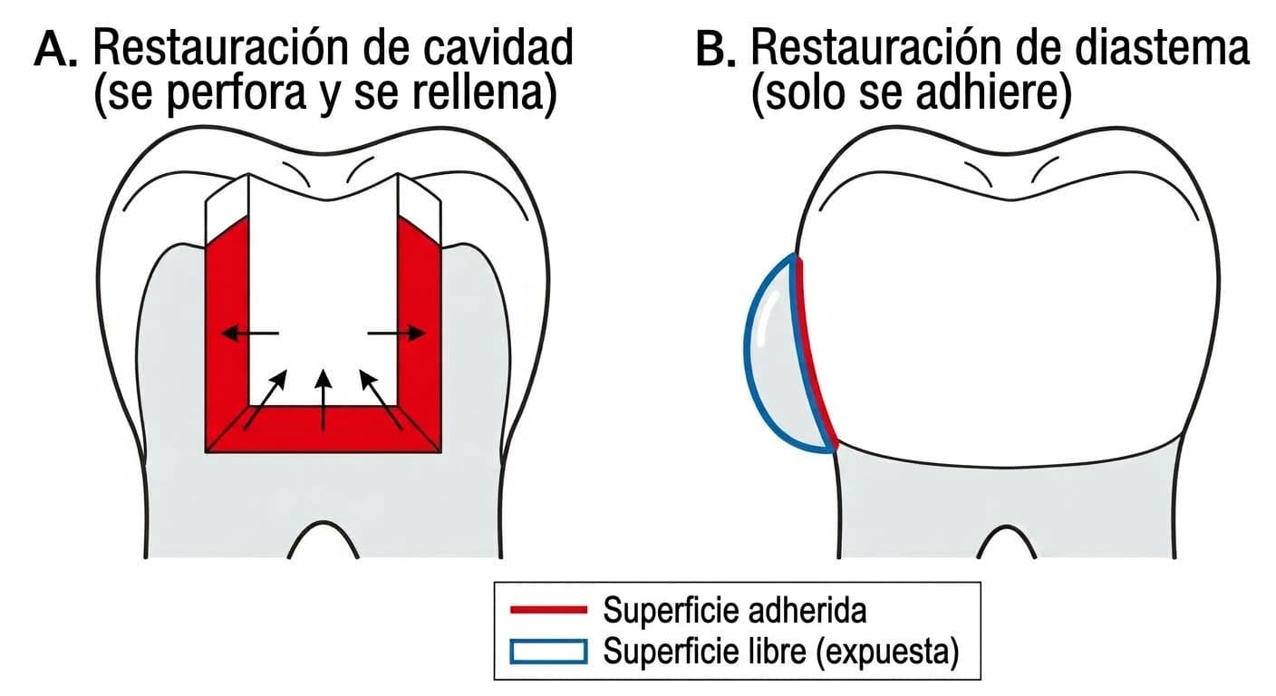 Imagen que compara cómo, en la restauración de una cavidad, la resina queda rodeada por varias paredes y se retiene físicamente además de por la adhesión, mientras que en la restauración del diastema, al añadirse sobre la superficie del diente, solo hay una superficie adherida y el resto queda expuesto como superficie libre