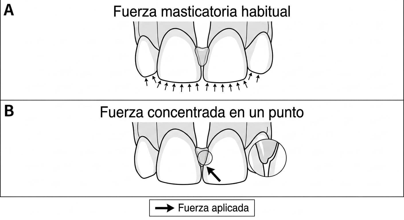 Imagen que compara cómo la fuerza masticatoria habitual se distribuye de manera uniforme por todo el borde incisal de los dientes frontales, mientras que morder algo duro con los incisivos concentra la fuerza en un solo punto del límite de adhesión de la zona reforzada con resina, lo que puede generar una pequeña abertura