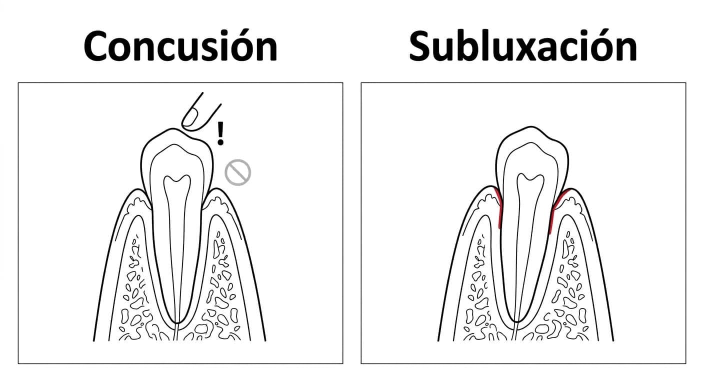 Ilustración que compara la concusión y la subluxación. En la concusión hay sensibilidad a la percusión pero no hay signos de movilidad, y en la subluxación aparece sangrado en el borde de la encía