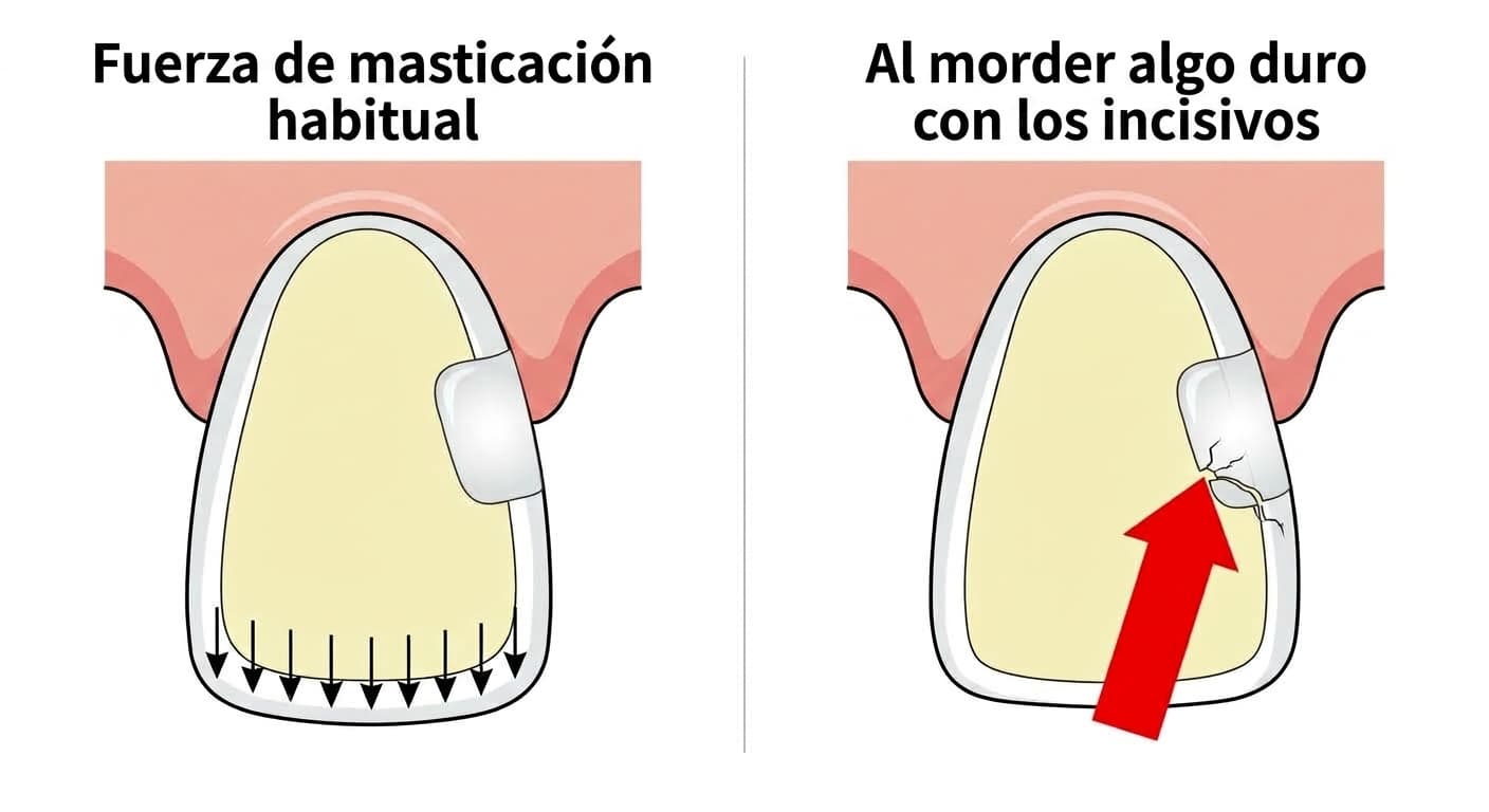 La fuerza de masticación habitual se distribuye de manera uniforme sobre el borde del incisivo, pero al morder algo duro con los incisivos la fuerza se concentra en un solo punto del límite de la zona restaurada con resina y aparece una fisura microscópica, comparación ilustrada