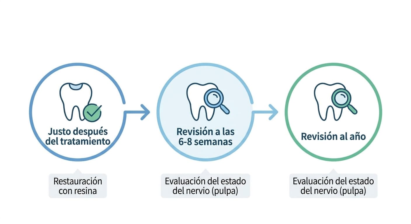 Línea de tiempo de las revisiones periódicas: justo después del tratamiento, a las 6-8 semanas y al año, mostrando que en cada momento se confirma el estado del nervio (la pulpa)
