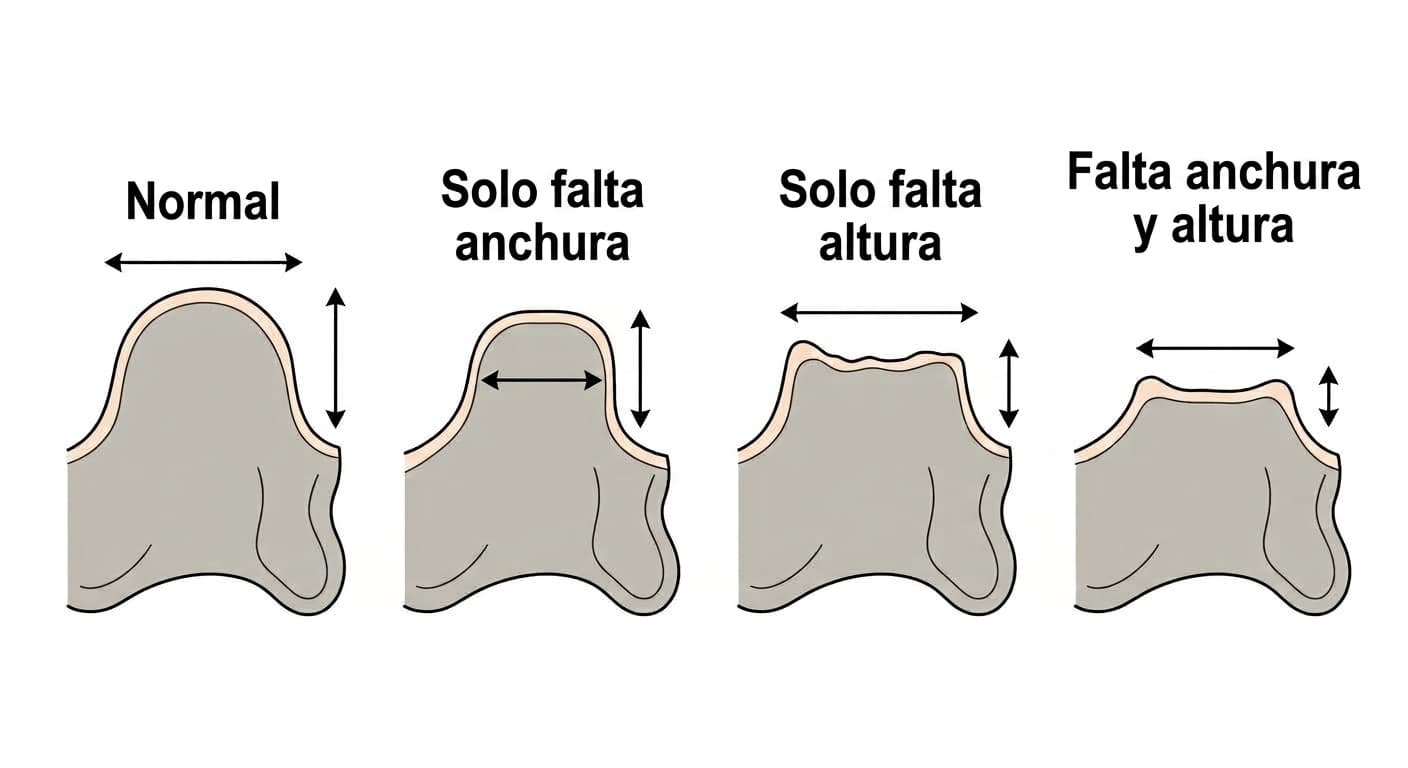 Ilustración que compara el hueso alveolar normal con los casos en que solo falta anchura, solo falta altura, y faltan anchura y altura a la vez