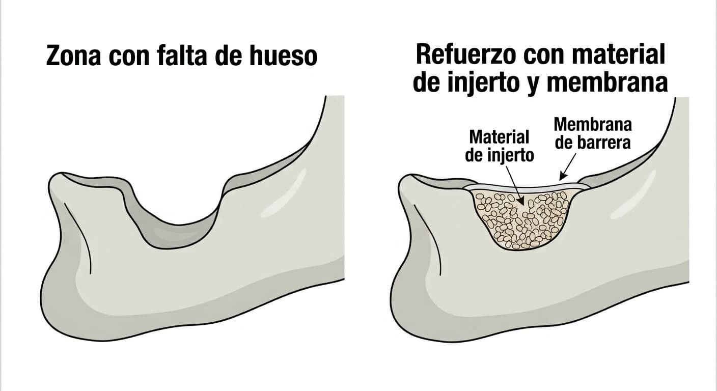 Ilustración que muestra el proceso de reforzar la zona con falta de hueso rellenándola con material de injerto y cubriéndola con una membrana de barrera