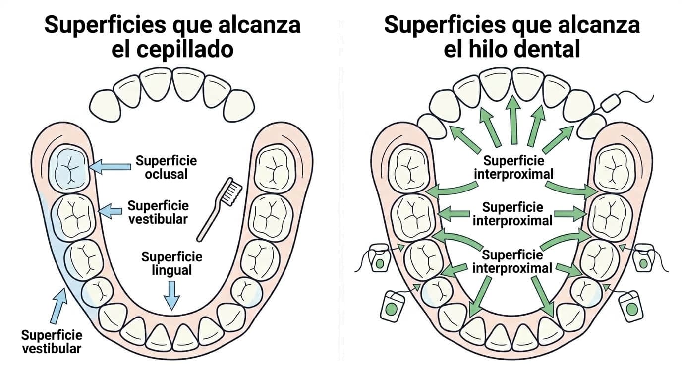 Superficies que alcanza el cepillado, en comparación con las superficies que alcanza el hilo dental. El cepillo llega a la superficie oclusal, vestibular y lingual, mientras que el hilo dental llega a la superficie interproximal, entre los dientes.