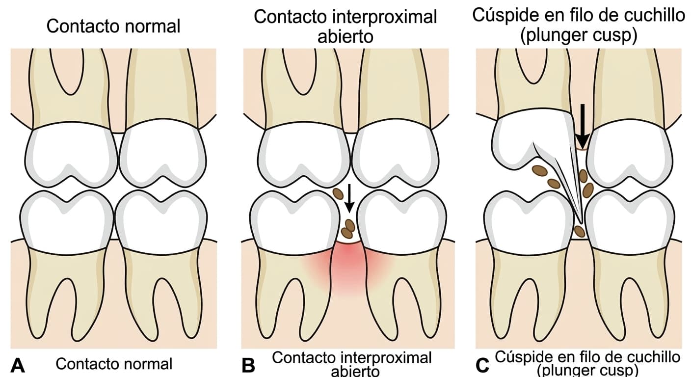 Dos causas de la impactación de alimentos entre los dientes. A muestra el contacto normal, B el contacto interproximal abierto, donde la comida se atasca por un espacio abierto y se inflama la encía, y C la cúspide en filo de cuchillo, donde la cúspide antagonista se introduce y empuja la comida hacia dentro.