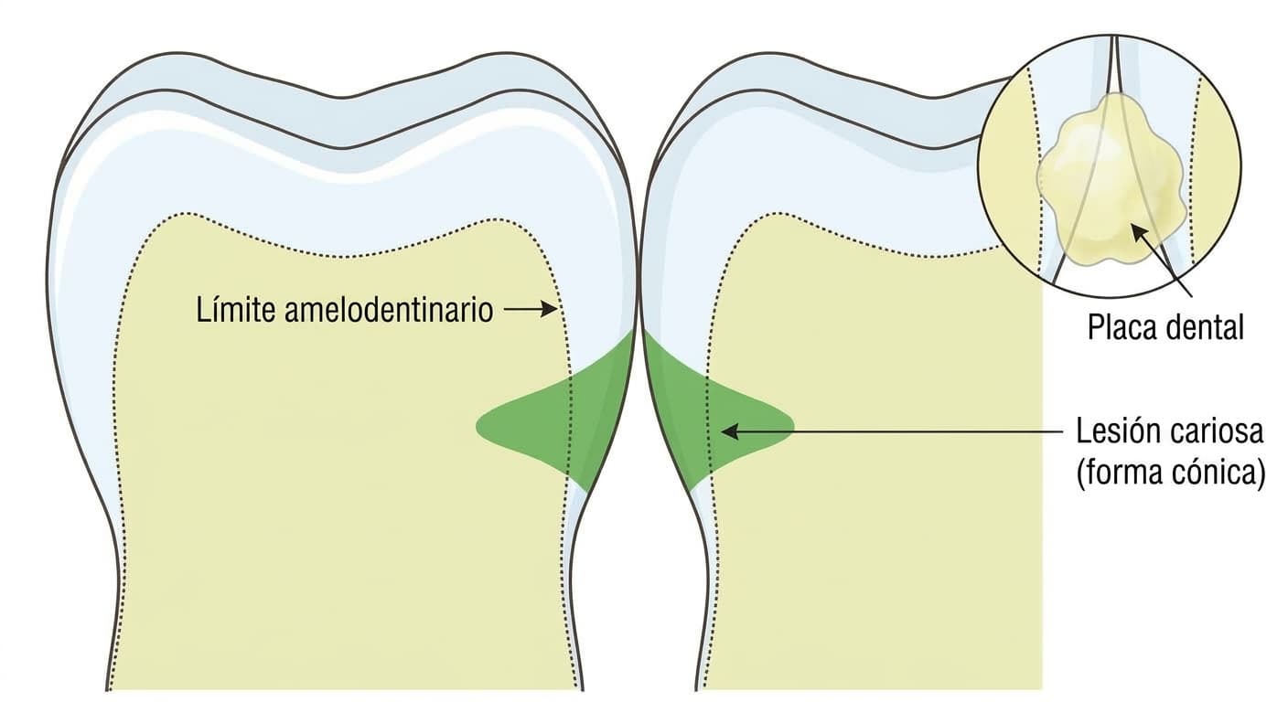 Forma de avance de la caries interproximal. Comienza en el punto bajo el contacto donde se acumula la placa dental y avanza con forma cónica: ancha en la superficie del esmalte y cada vez más estrecha hacia el límite amelodentinario interno.