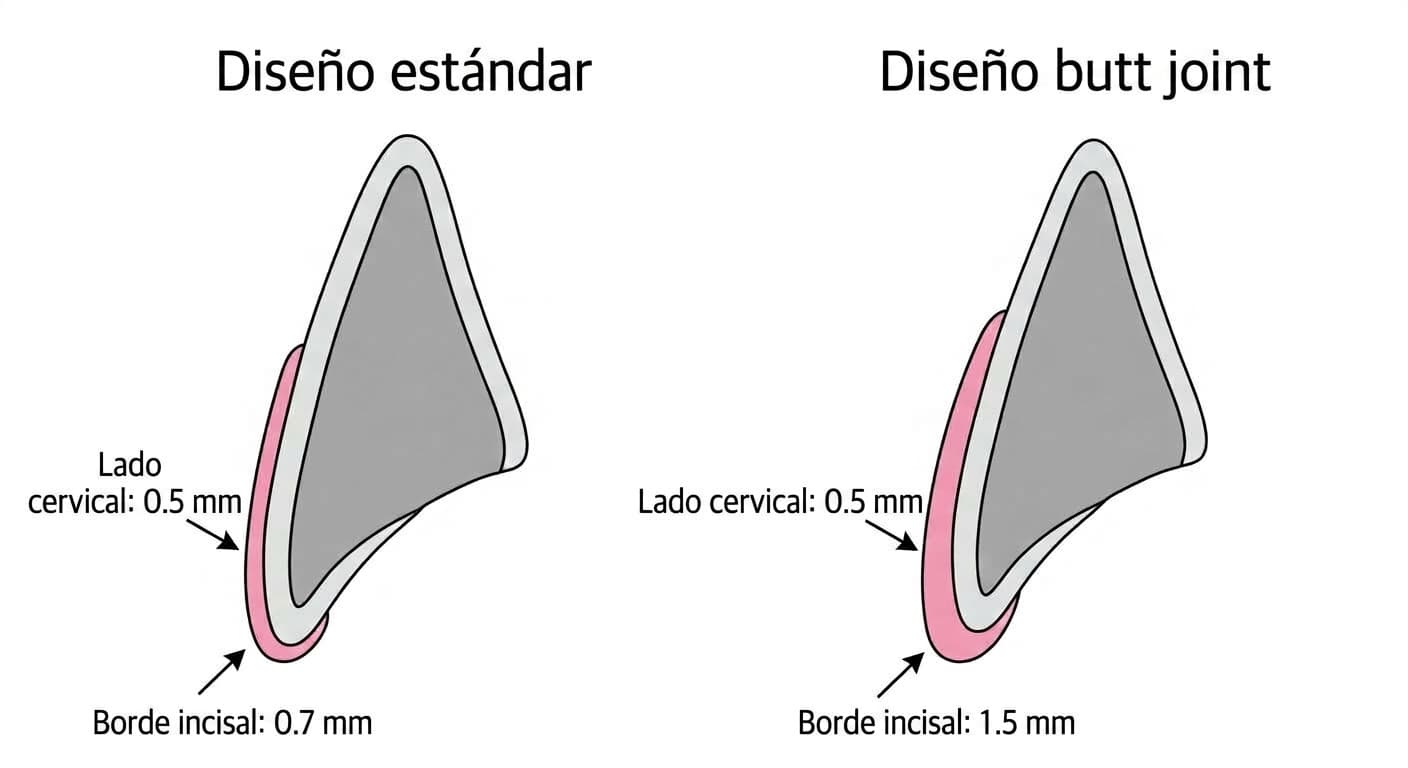 Comparación del grosor de desgaste según el diseño del borde incisal de la carilla. El diseño estándar desgasta 0.5 mm en el lado cervical y 0.7 mm en el borde incisal, mientras que el diseño butt joint desgasta 0.5 mm en el lado cervical y 1.5 mm en el borde incisal