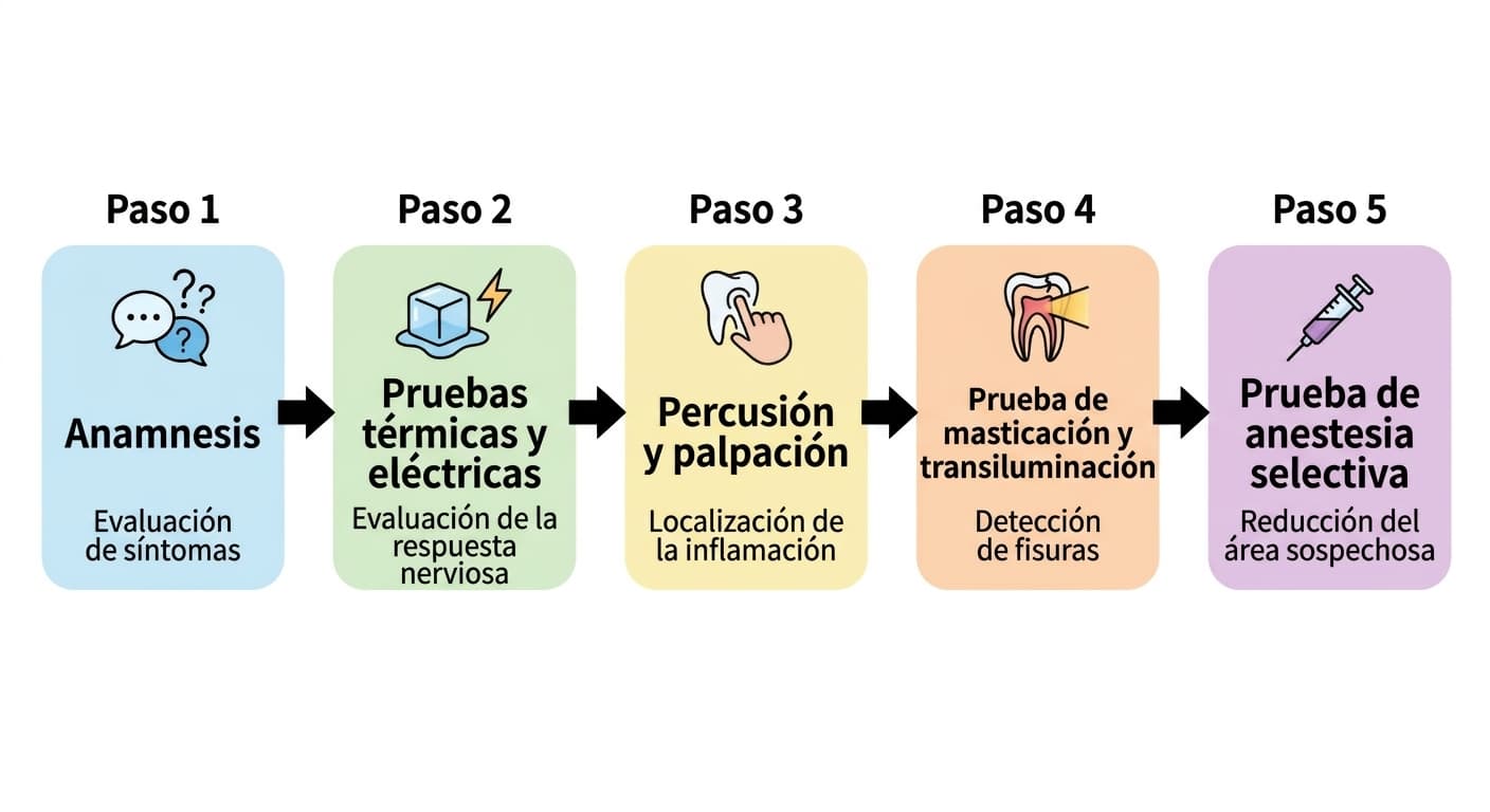 Diagrama de las cinco etapas para localizar el diente causante del dolor: anamnesis, pruebas térmicas y eléctricas, percusión y palpación, prueba de masticación y transiluminación, y prueba de anestesia selectiva