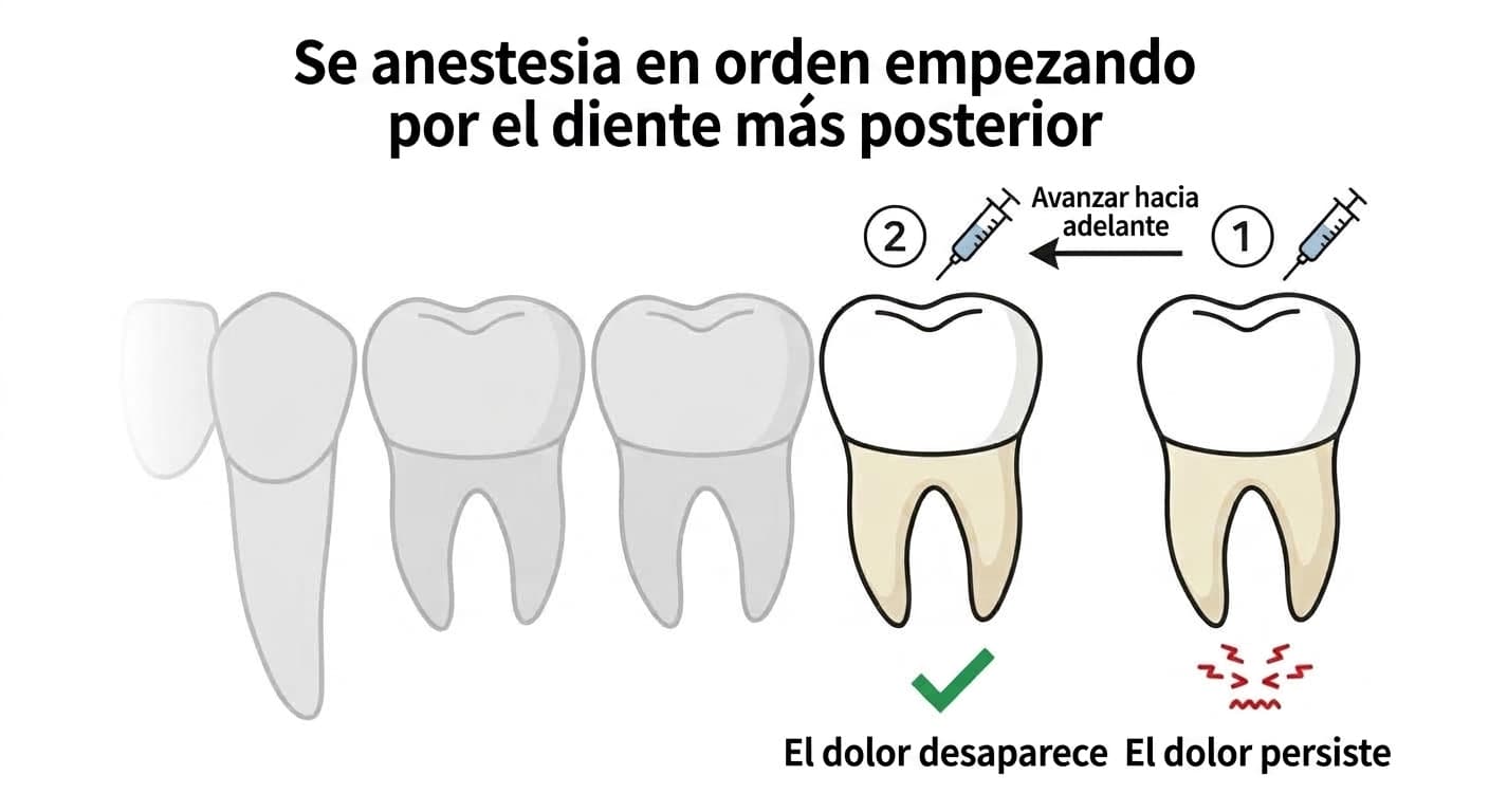 Esquema de la prueba de anestesia selectiva, en la que se anestesian los dientes en orden desde el más posterior hasta encontrar aquel en el que desaparece el dolor