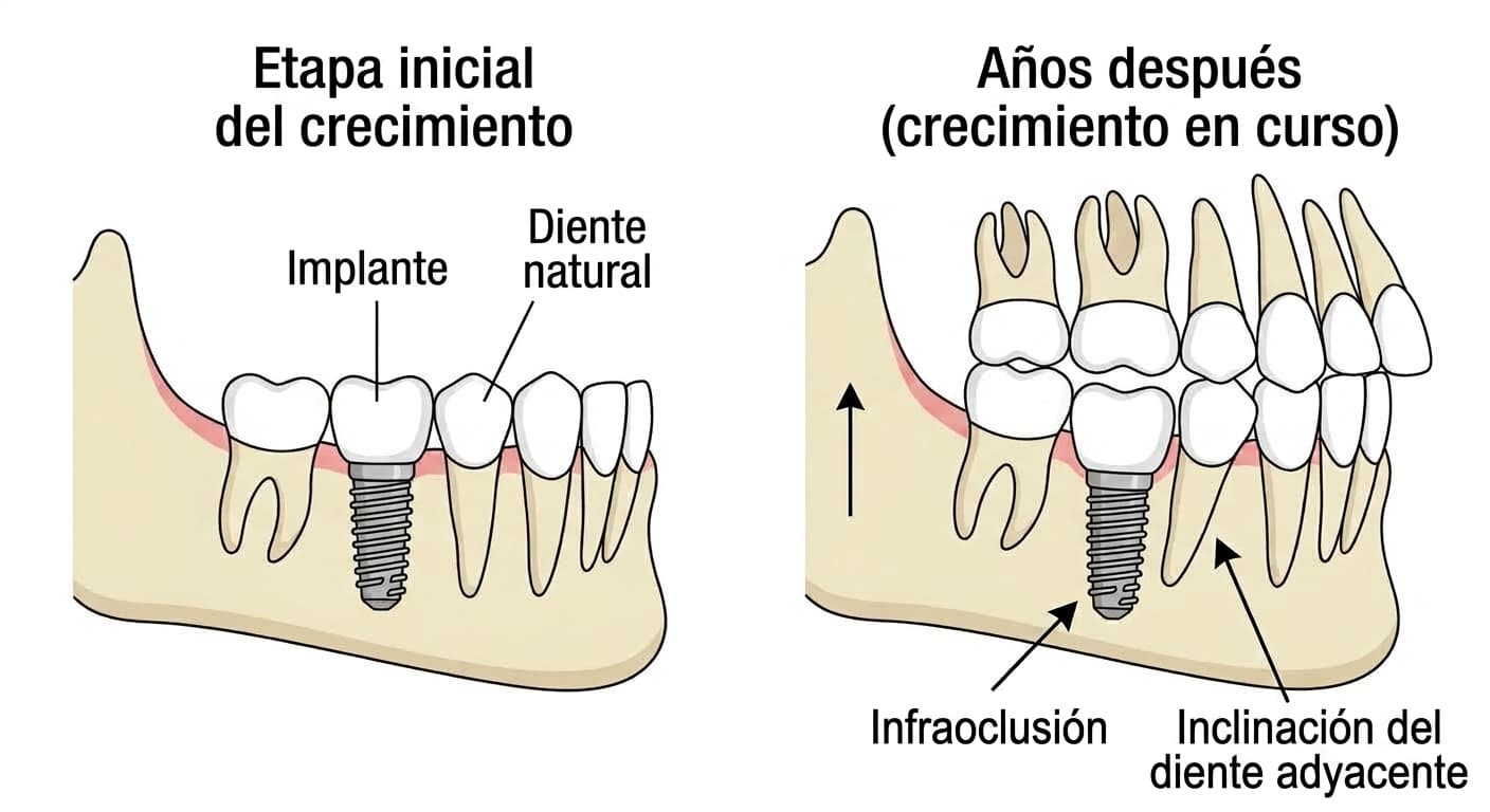 Ilustración que compara la etapa inicial del crecimiento con unos años después. El diente natural se desplaza hacia arriba junto con el hueso maxilar, mientras que el implante permanece en su lugar original, lo que provoca infraoclusión e inclinación del diente adyacente