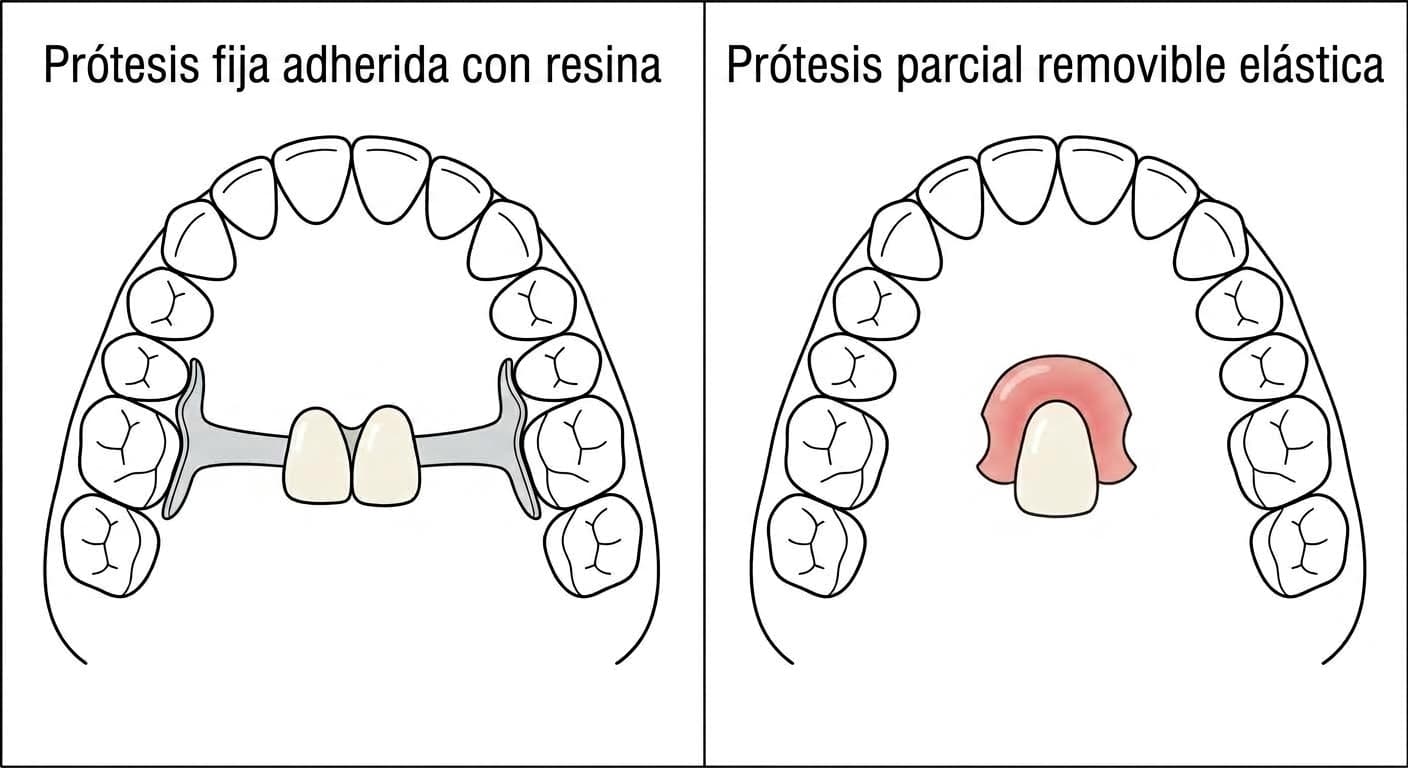 Ilustración que compara dos métodos para mantener el espacio de un diente ausente. A la izquierda, la prótesis fija adherida con resina, pegada a la cara posterior de los dientes de ambos lados; a la derecha, la prótesis parcial removible elástica, sin ganchos metálicos y que se puede quitar y poner