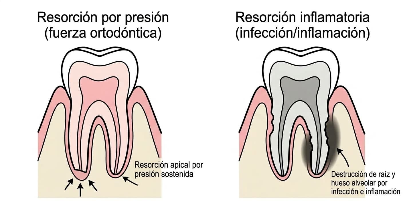 Comparación de cortes dentales entre la resorción por presión y la resorción inflamatoria. A la izquierda, el ápice radicular se ha reabsorbido de forma redondeada por la fuerza ortodóntica; a la derecha, la infección y la inflamación han provocado una reabsorción irregular que afecta tanto a la raíz como al hueso alveolar circundante.