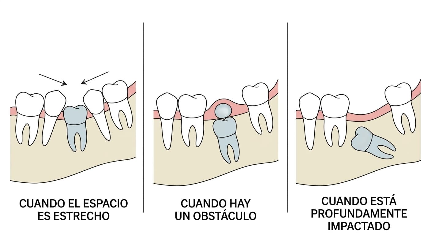 Ilustración que compara tres situaciones que se revisan cuando el diente permanente tarda en salir: cuando el espacio es estrecho, cuando hay algo que lo bloquea, y cuando está profundamente impactado