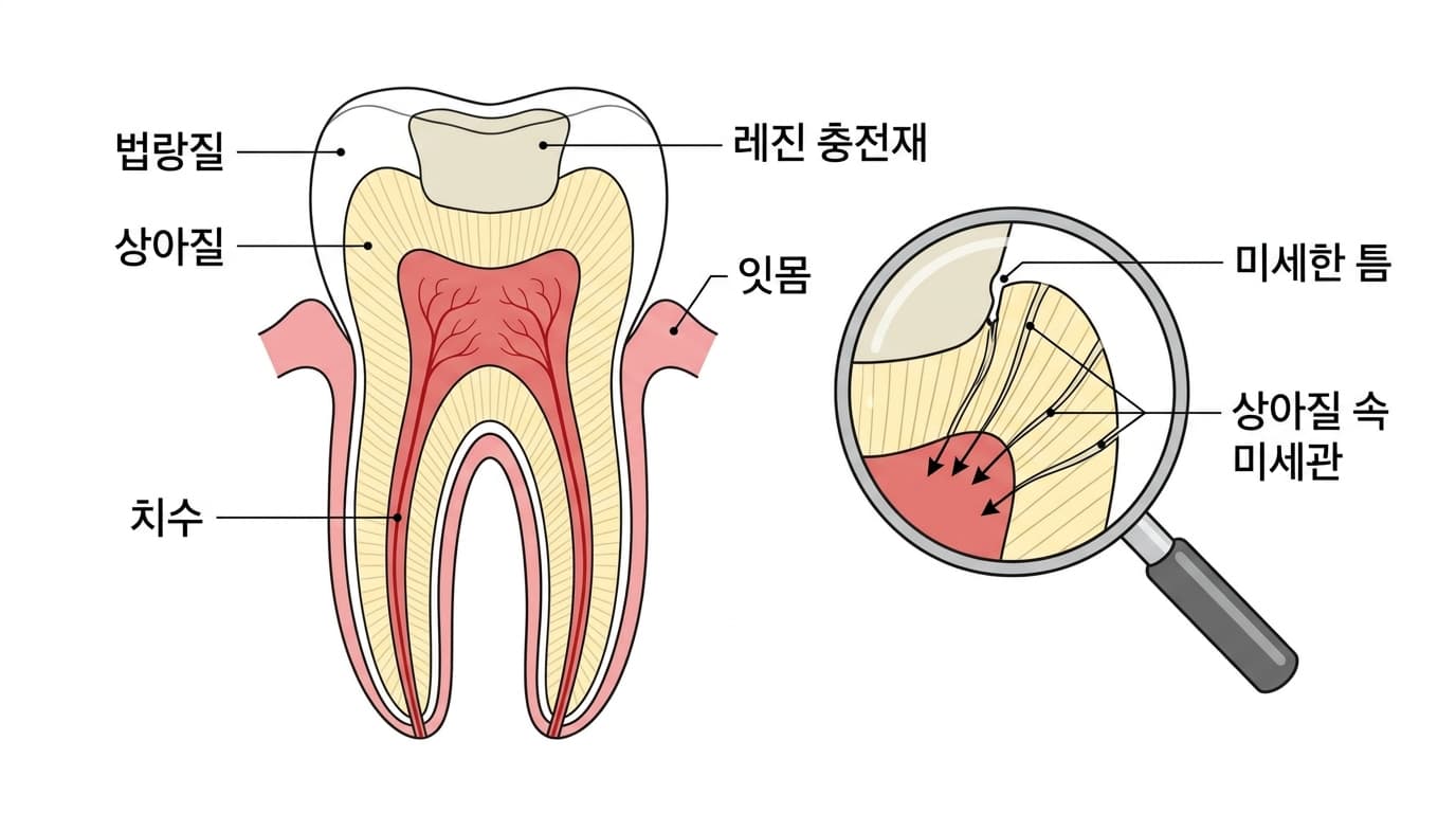 Ilustración que muestra cómo un estímulo se transmite a la pulpa a través de un espacio microscópico entre el material de resina y el diente, siguiendo los túbulos dentinarios de la dentina