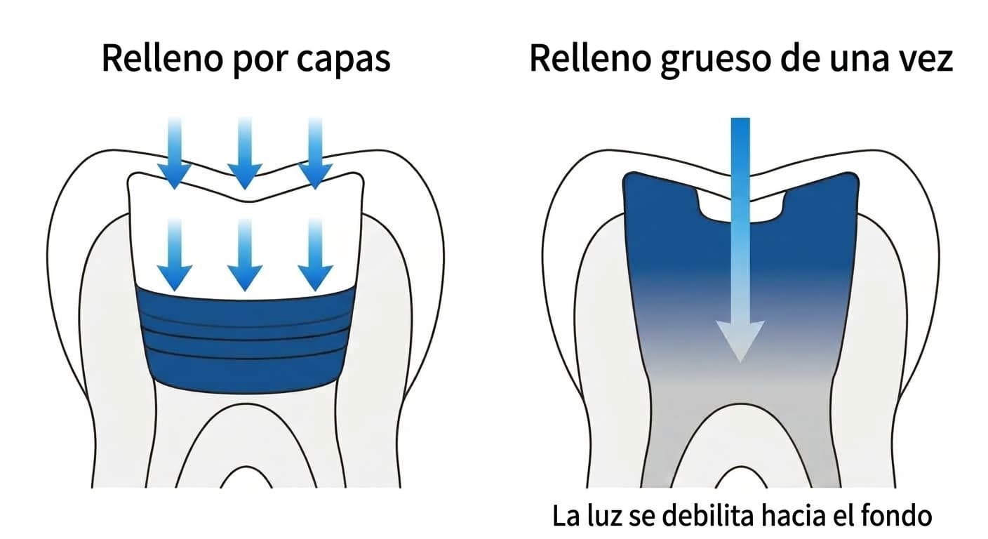 Ilustración que compara cómo una capa aplicada en varias partes finas recibe la luz de manera uniforme y se endurece por completo, mientras que una capa gruesa aplicada de una sola vez puede quedar menos endurecida hacia el fondo a medida que la luz se debilita