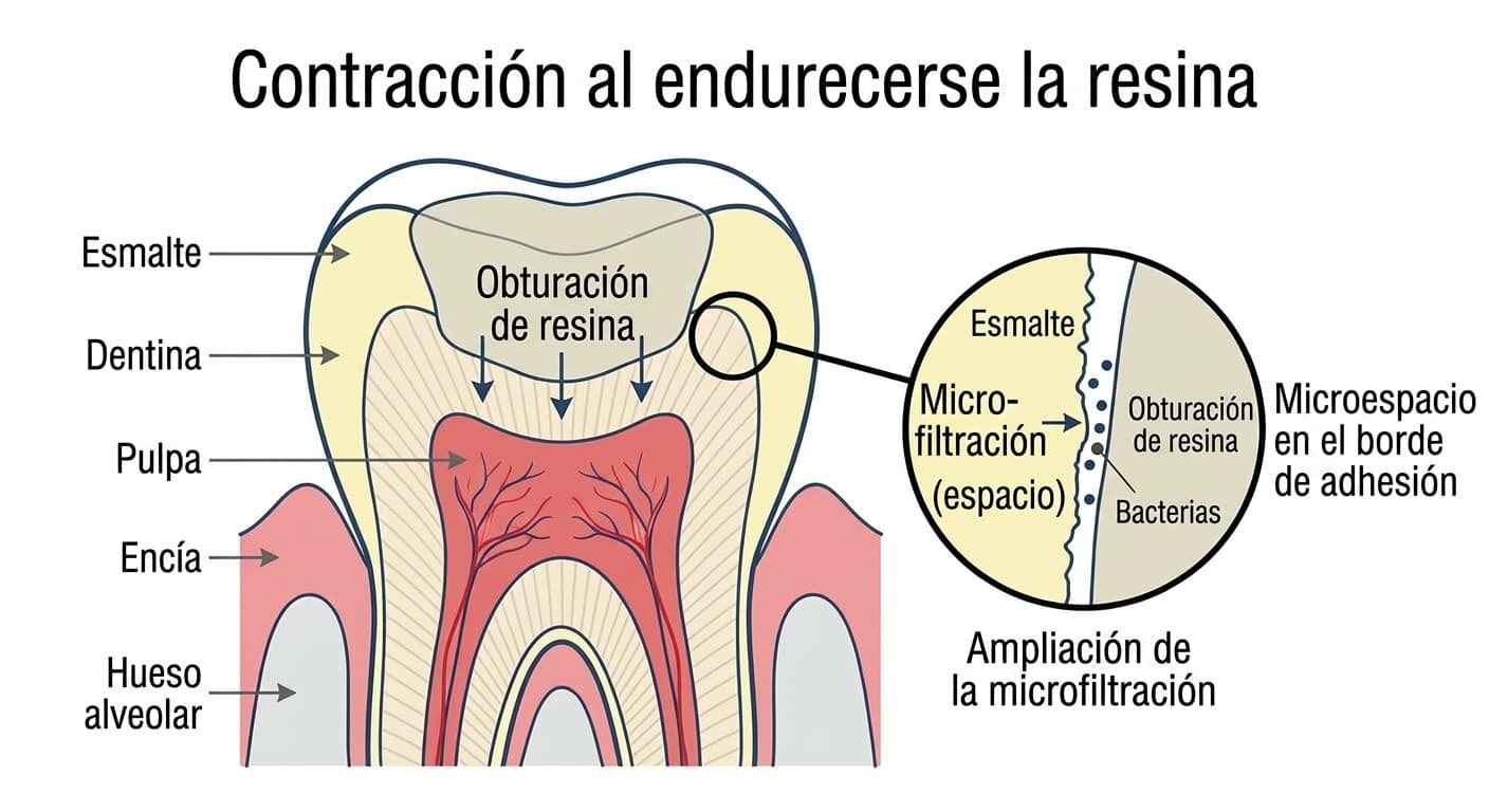 Ilustración que muestra cómo, al contraerse la resina al endurecerse, se forma un microespacio en el borde de contacto entre el diente y la resina, por el que pueden entrar bacterias