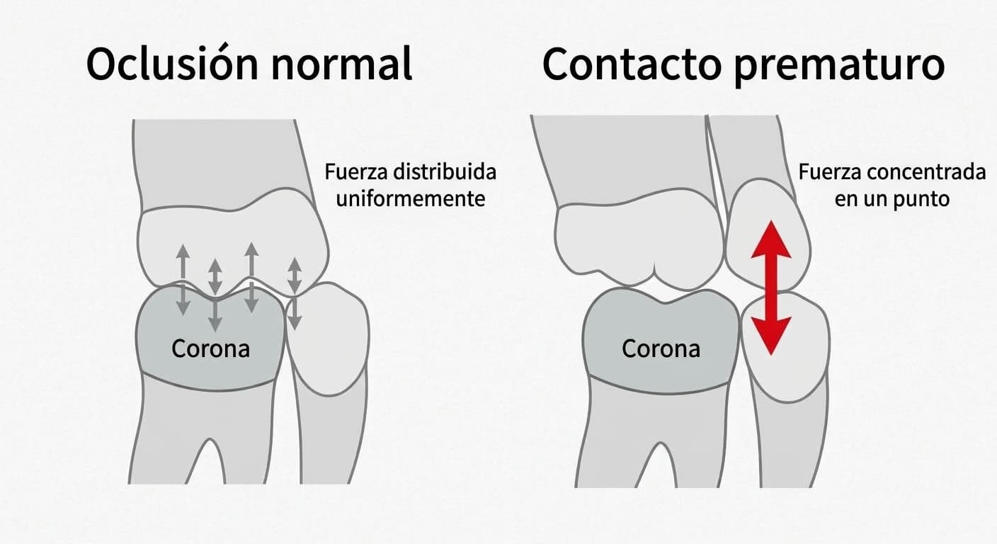 Ilustración de un corte dental que compara, uno junto al otro, la oclusión normal, donde el diente inferior con la corona y el diente superior contactan de manera uniforme en varios puntos y distribuyen la fuerza, con el contacto prematuro, donde el contacto ocurre primero en un solo punto y concentra la fuerza