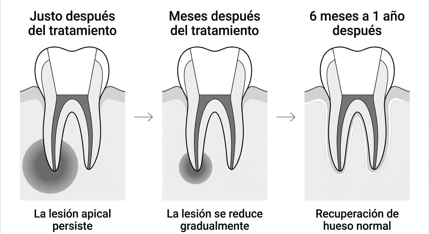 Ilustración de un corte dental que compara en tres etapas cómo la lesión en el ápice de la raíz se reduce progresivamente justo después del tratamiento de conducto, meses después y entre 6 meses y 1 año después, hasta recuperar hueso normal