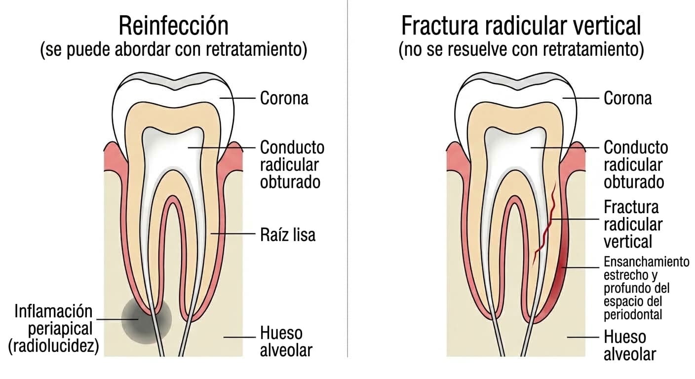 Ilustración en corte que compara un diente con inflamación en la punta de la raíz por reinfección y un diente con fractura radicular vertical, con una fisura longitudinal en la raíz