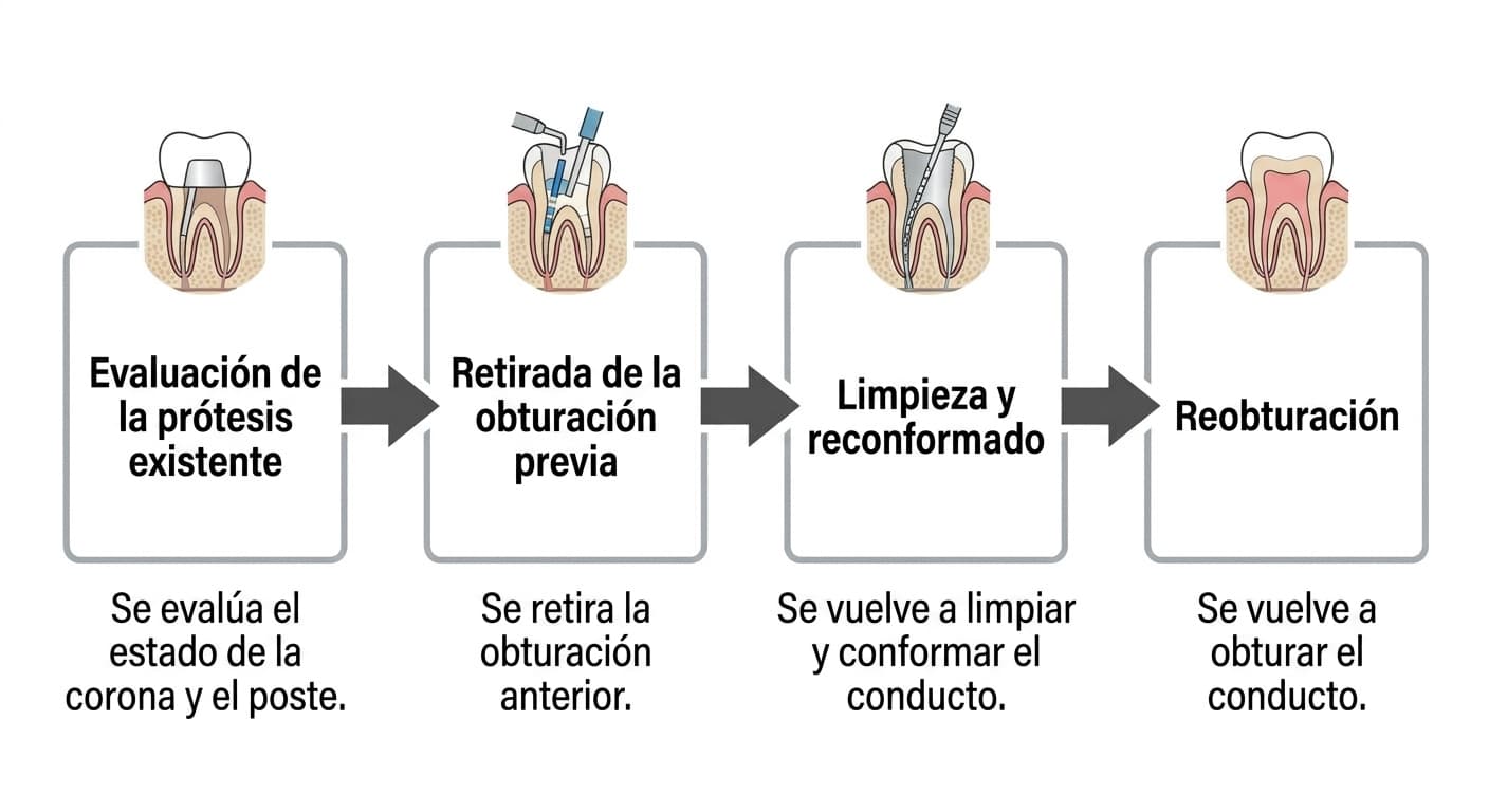 Diagrama que muestra el proceso de retratamiento de un diente con tratamiento de conducto en cuatro etapas: evaluación de la prótesis existente, retirada de la obturación previa, limpieza y reconformado, y reobturación