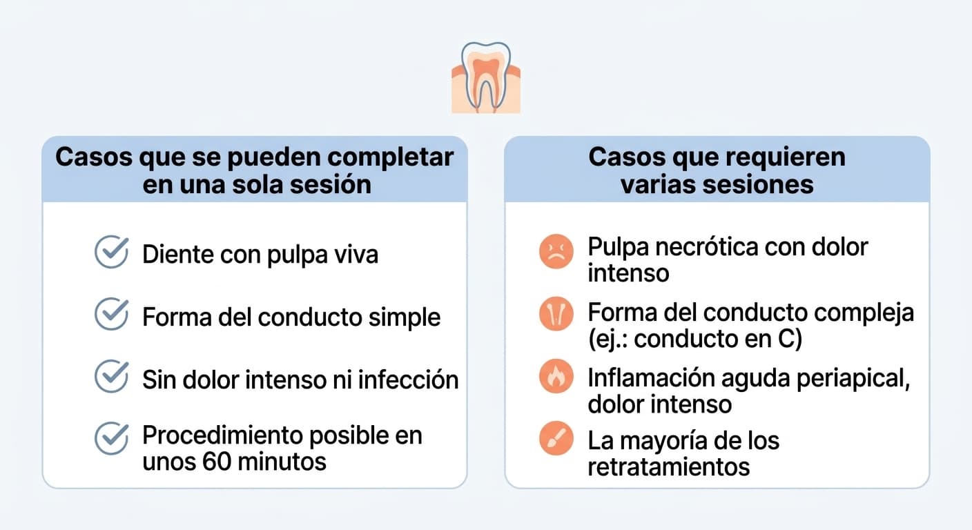 Tabla que compara los casos que se pueden completar en una sola sesión con los que requieren varias. Si la pulpa está viva, la forma del conducto es simple y no hay dolor intenso, se hace en una sesión; si la pulpa está necrótica con dolor intenso, la forma del conducto es compleja, hay inflamación aguda periapical con dolor intenso o se trata de un retratamiento, se divide en varias sesiones.