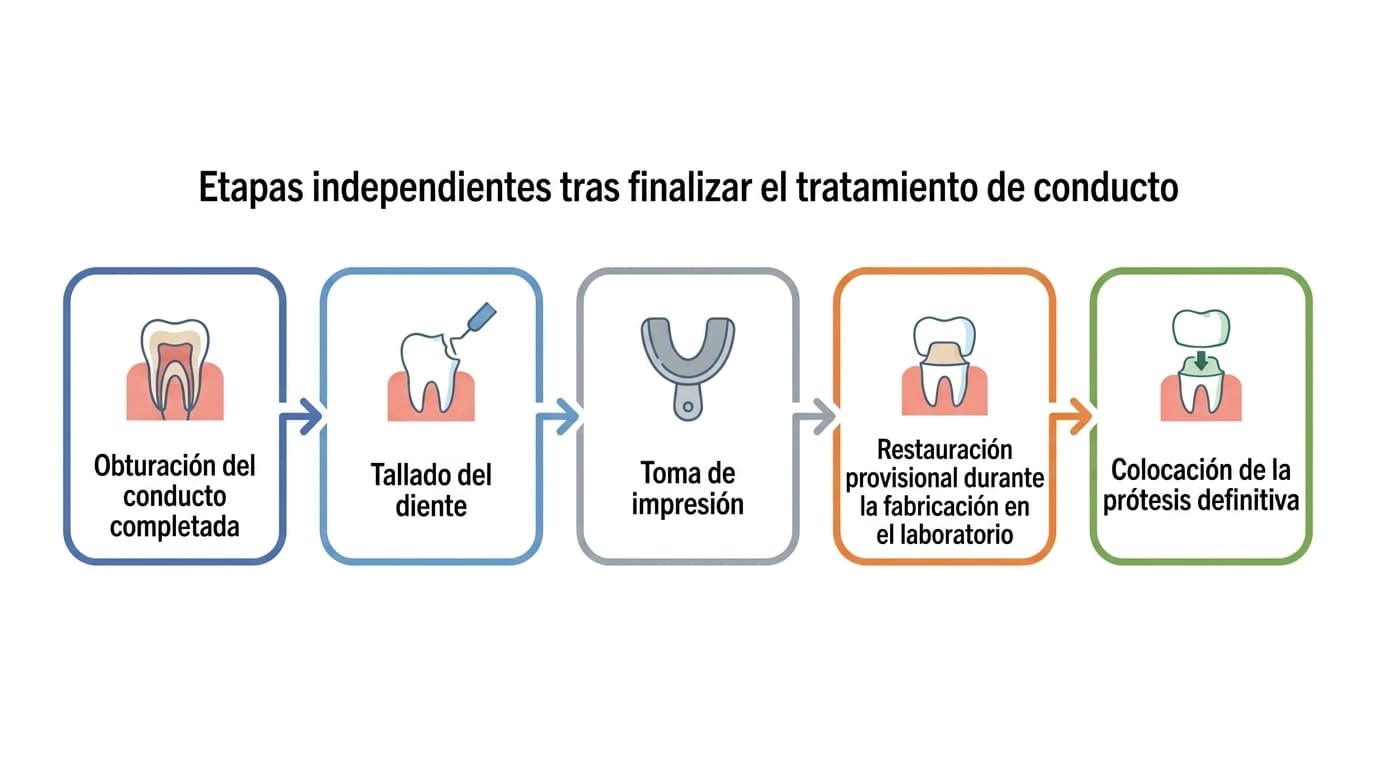 Diagrama de flujo que muestra las etapas independientes tras finalizar el tratamiento de conducto. El proceso avanza en este orden: obturación del conducto completada, tallado del diente, toma de impresión, colocación de una restauración provisional durante la fabricación en el laboratorio y colocación de la prótesis definitiva.