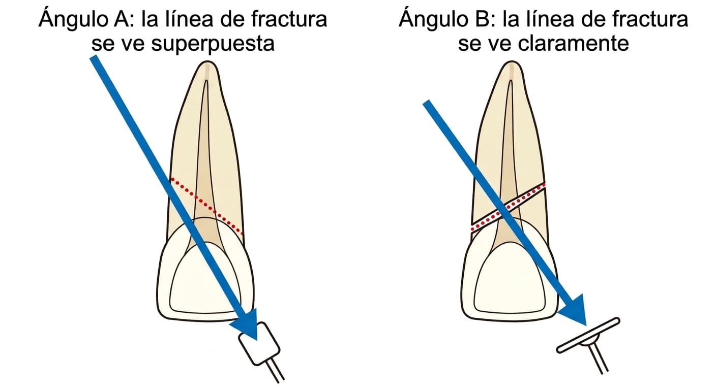 Ilustración que compara cómo una línea de fractura radicular oblicua se ve superpuesta o claramente visible según el ángulo de la radiografía