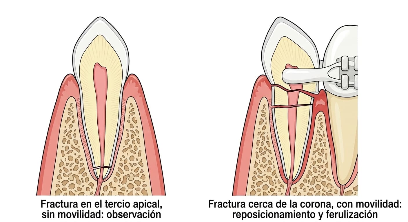 Ilustración que compara el tratamiento según si la fractura radicular se ubica cerca del ápice o cerca de la corona