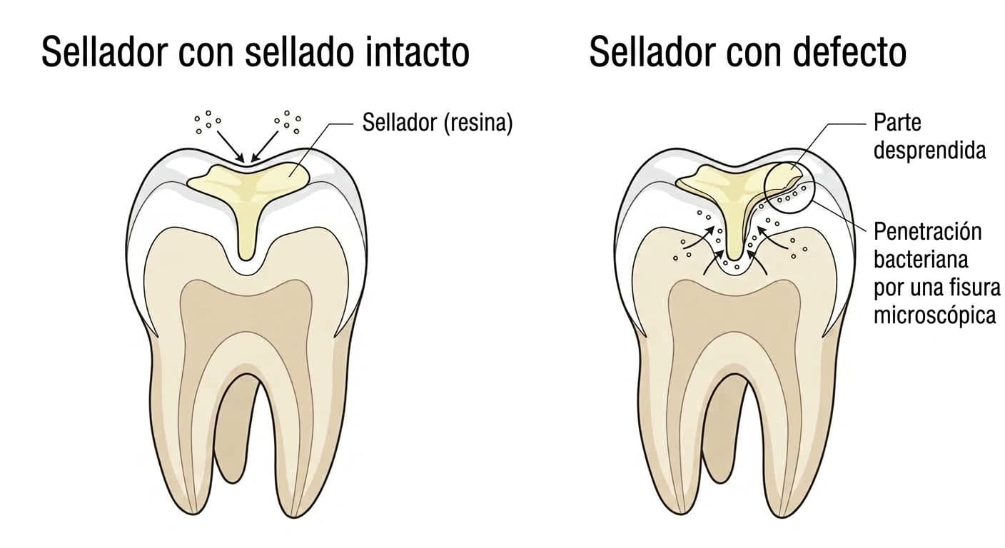 Ilustración en corte transversal de un molar que compara un sellador con el sellado intacto frente a un sellador con un defecto, donde una parte se ha desprendido o las bacterias penetran por una fisura microscópica