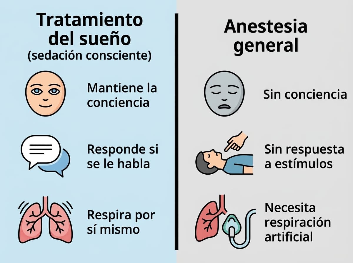 Ilustración que compara el tratamiento del sueño y la anestesia general según tres criterios: conciencia, respuesta y respiración. En el tratamiento del sueño se mantiene la conciencia, el paciente responde si se le habla y respira por sí mismo, mientras que en la anestesia general no hay conciencia, no hay respuesta a estímulos y se necesita respiración artificial.