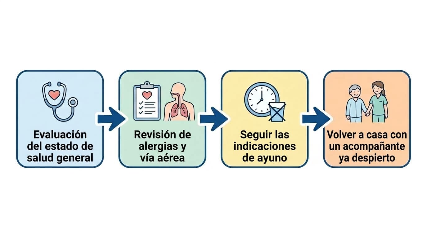 Diagrama de flujo que muestra las cuatro etapas previas a recibir sedación o anestesia general en odontología: evaluación del estado de salud general, revisión de alergias a medicamentos y estado de la vía aérea, seguimiento de las indicaciones de ayuno, y regreso a casa con un acompañante tras despertar.