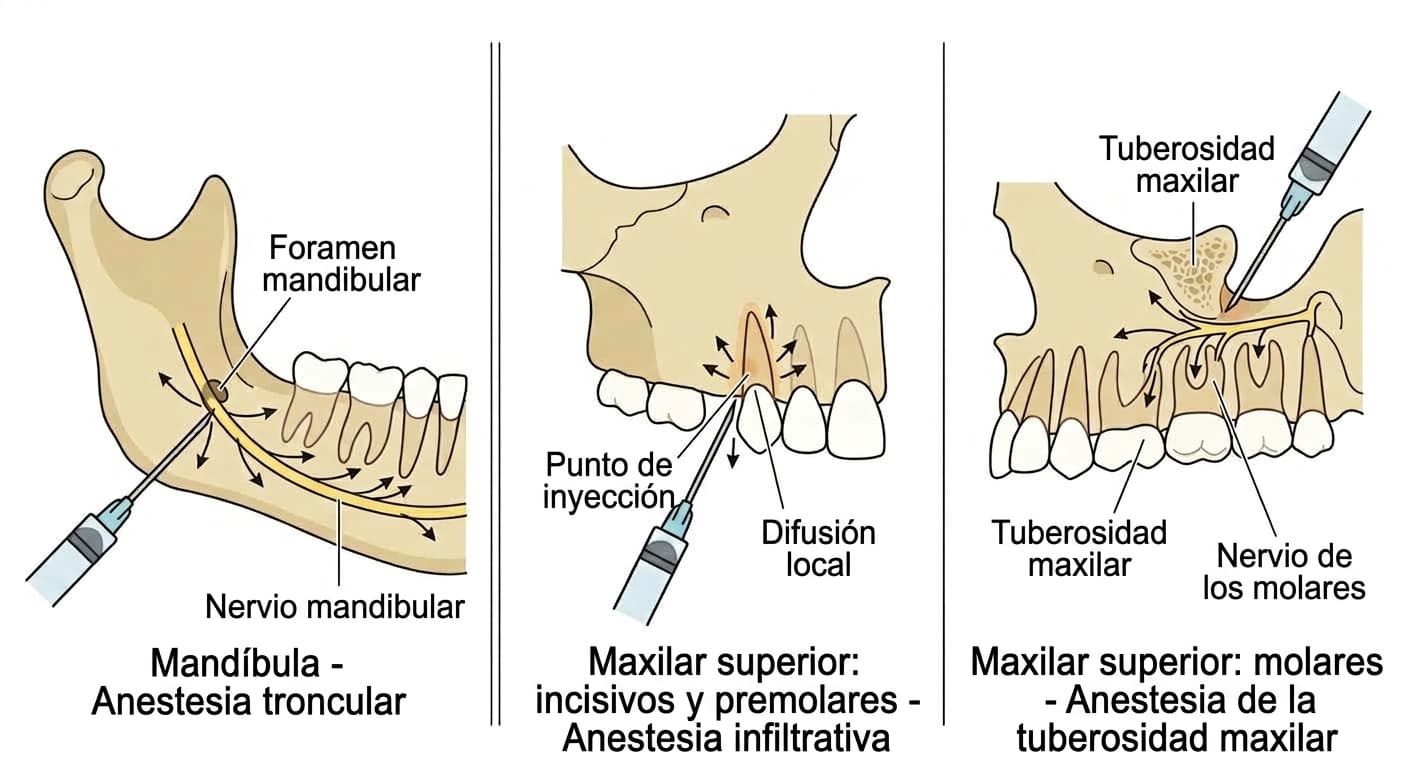 Ilustración que compara el principio de la anestesia troncular, que bloquea el tronco nervioso, en la mandíbula, la anestesia infiltrativa, que solo anestesia el entorno del diente, en los incisivos y premolares del maxilar superior, y la anestesia troncular de la tuberosidad maxilar en los molares del maxilar superior