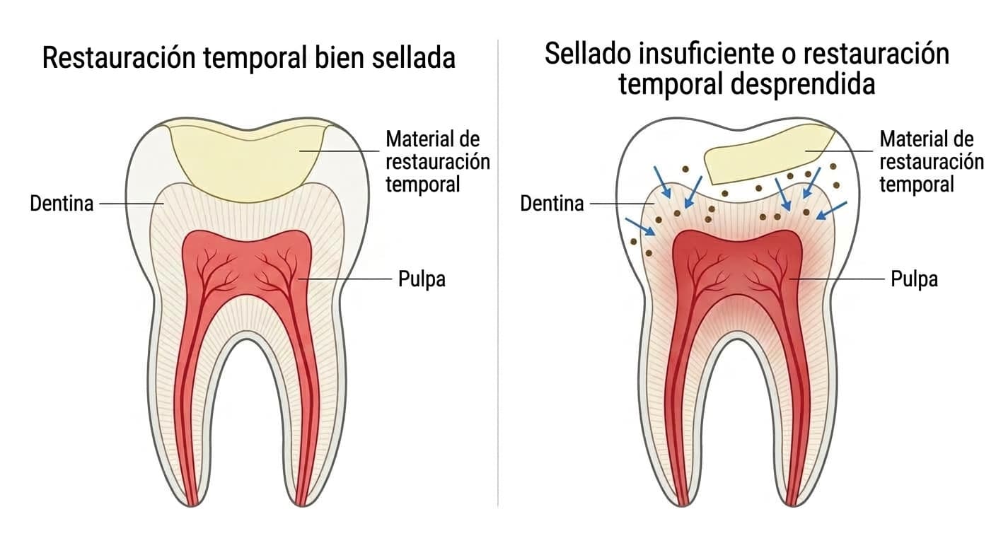 Ilustración comparativa que muestra, lado a lado, un caso en el que la restauración temporal está bien sellada hasta el borde y otro en el que el borde está levantado y la dentina queda expuesta, evidenciando la diferencia en el riesgo de estímulos y entrada de bacterias