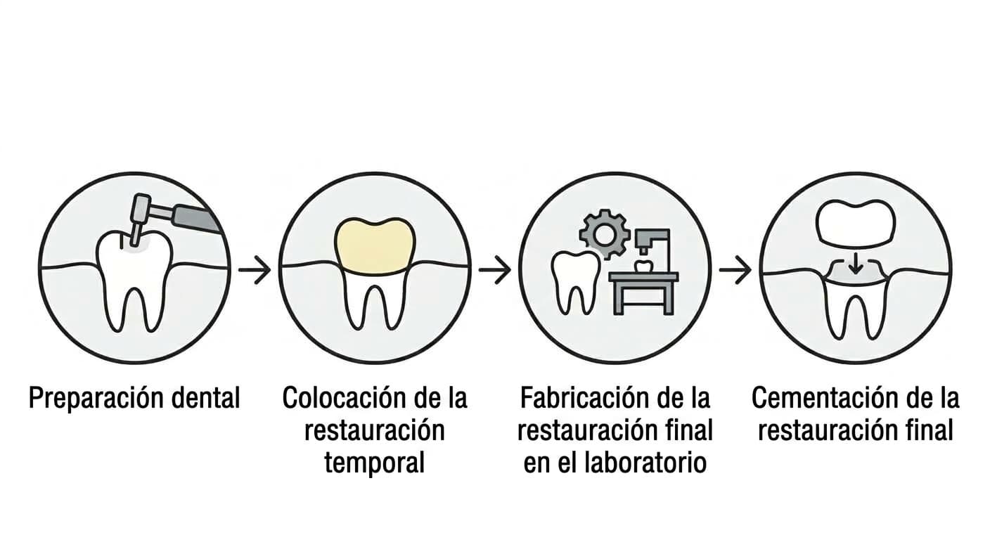 Esquema que muestra las cuatro etapas: preparación del diente, colocación de la restauración temporal, fabricación de la prótesis final en el laboratorio y cementación de la prótesis final
