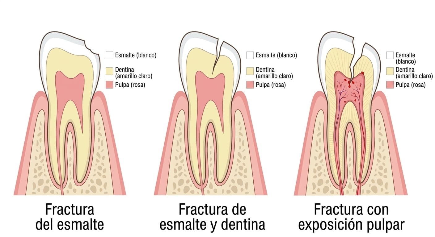Ilustración que compara tres tipos de fractura dental en sección transversal: fractura del esmalte, fractura de esmalte y dentina, y fractura con exposición pulpar
